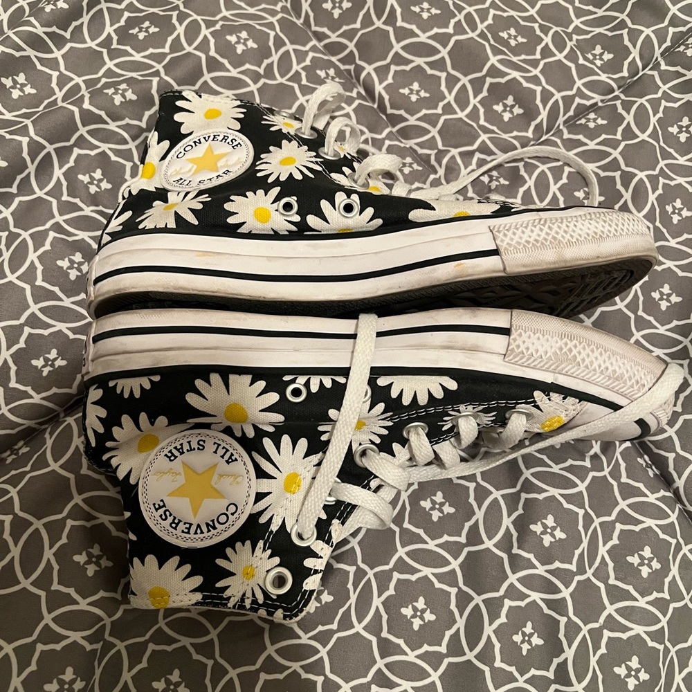 Converse Black and White Floral Daisy High Tops